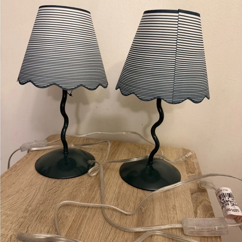 Striped Green & White Table Lamp Pair - Modern Home Accent